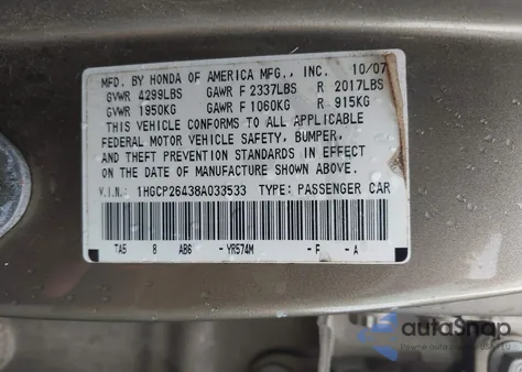 2008 Honda Accord 2.4 Lx-P z USA, uszkodzony, nr VIN 1HGCP26438A033533